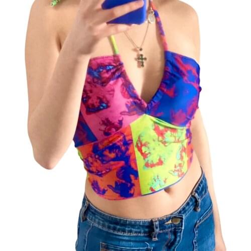 Y2K 2021 Women Close-fitting Sexy Camisole Off-the-shoulder Sleeveless Crop Tops, Blue/ Pink/ Multicolor