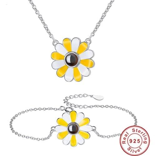 100% 925 Sterling Silver Daisy 100 Language I Love You Bracelet Necklace For Women Wedding Engagement Jewelry Sets