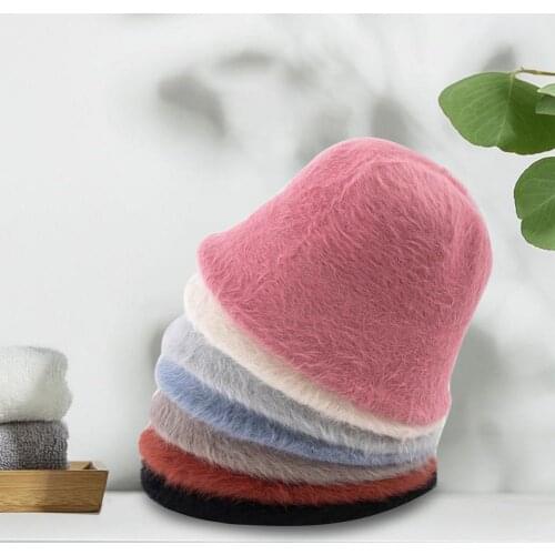 2020 Hat winter womens fashion Solid color rabbit fur hat bucket cap fishermans hat retro knitted wool basin Bucket Hat
