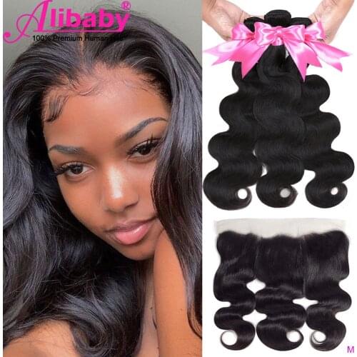 Alibaby Bundles With Frontal Body Wave NaturalColor Non Remy Bodywave Hair Lace Frontal Closure With Bundles Human Hair Peruvian