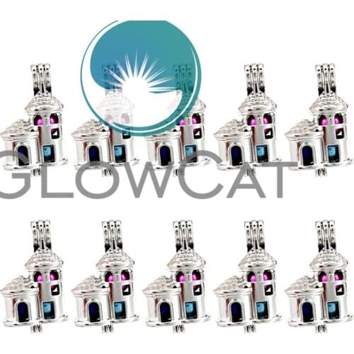 GLOWCAT 10x K665 Castle Building Beads Cage Pendant Essential Oil Diffuser Pearl Cage Locket Pendant Jewelry Making Supplies