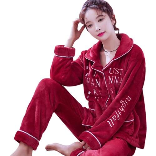 H5862 Flannel Women Pajamas Suit Female Thick Coral Velvet Nightgown Household Clothing Autumn Winter Long Sleeve Warm Sleepwear
