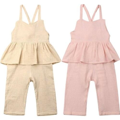 Toddler Kids Baby Girl Ruffle Romper Solid Jumpsuit Outfit Summer Sleeveless Backless Cotton Children Girl Clothes Rompers