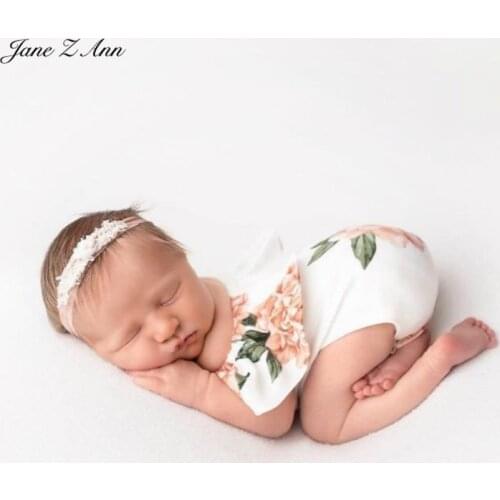 Jane Z Ann Newborn photography suit one-word shoulder flower print photo outfits baby girl studio shooting accessories