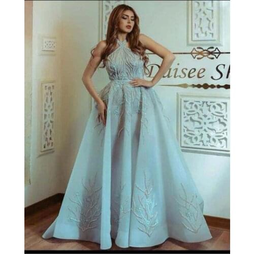 Best Selling Mint Blue Halter Beaded Sleeveless A Line Floor Length Prom Dresses