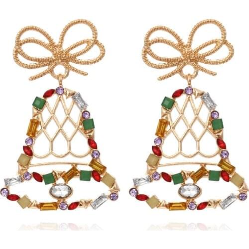 New Creative Exaggerated Color Rhinestones Bell Earring Ladies Retro Cartoon Bow Earrings Jewelry