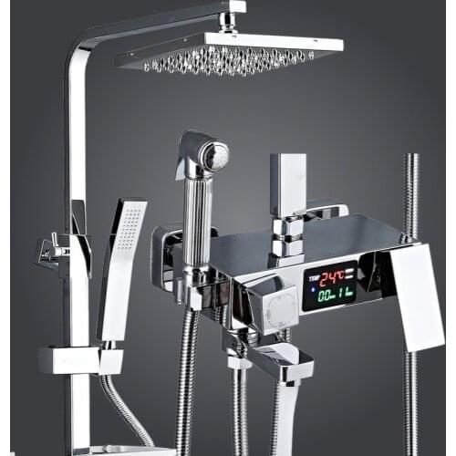 New Bathroom All-copper Shower Set Household Multi-function Thermostat Display Toiletries Lifting Pressurized Rain Shower Nozzle