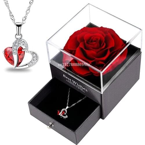 Gifts for Women Her Girlfriend Preserved Real Forever Rose with Heart Necklace Set for Valentines Day Anniversary Christmas