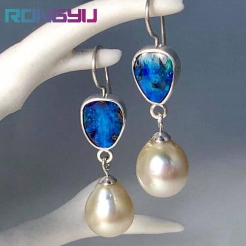 Fashion Long Dangle Earrings Antique Style Ocean Blue Opal and Pearl Geometric Drop Earrings For Women Accessories Jewelry Gift