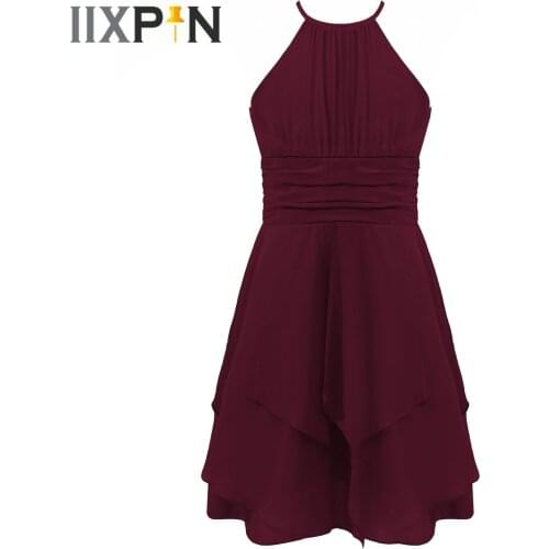 Big Girls Chiffon Pleated Dress Birthday Party Elegant Summer Girls Dress Kids Performance Costumes Ballet Dancewear filles robe