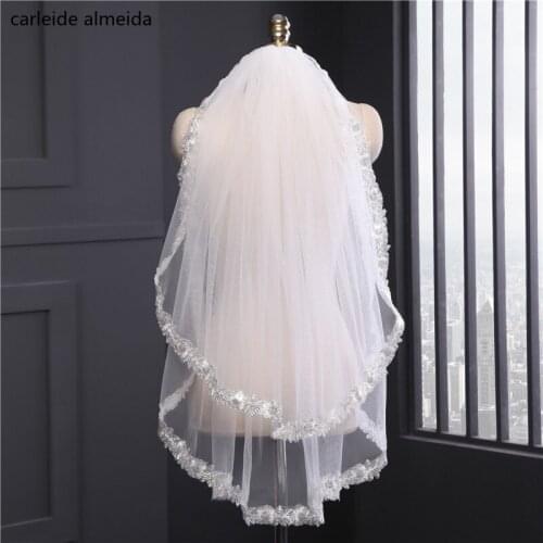 1.5M length Wedding Veil Lace Appliques Voile de Mariee Swiss Tulle Cheap Bridal Veil Two Layers Schleier Accesorios Mujer