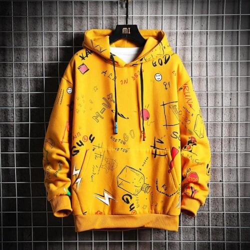 Spring Autumn Mens Hoodies Men Anime Graffiti Sweatshirt Male Hip Hop Harajuku Japanese Streetwear Yellow Hoodie Men