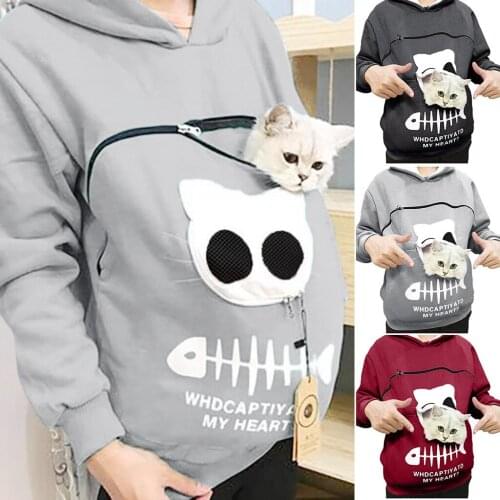 SAGACE Womens pocket Cat Hoodies Sweatshirt femme oversize 2021 Animal Pouch Hood Tops Carry Cat Breathable Pullover Blouse
