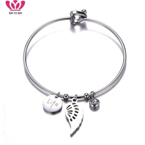 Stainless Steel Feather Charms Bangle for Women Crystal Beads Round Life Letter Bracelet Fashion Jewelry Party Gifts 2019