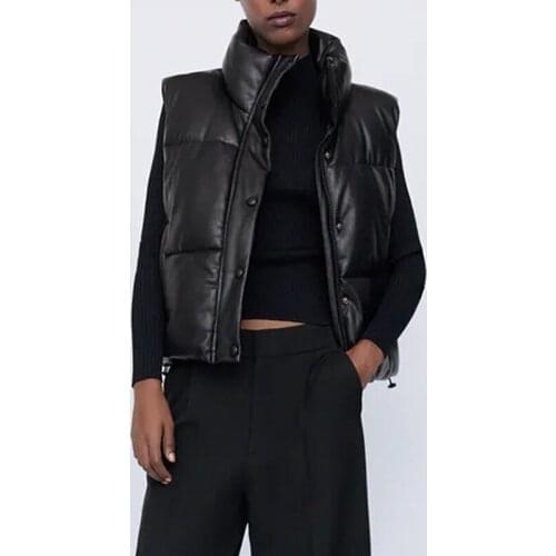 Black Stand Collar Vests Women Fashion Zipper PU Leather Coats Women Elegant Autumn Winter Short Vests Female Ladies