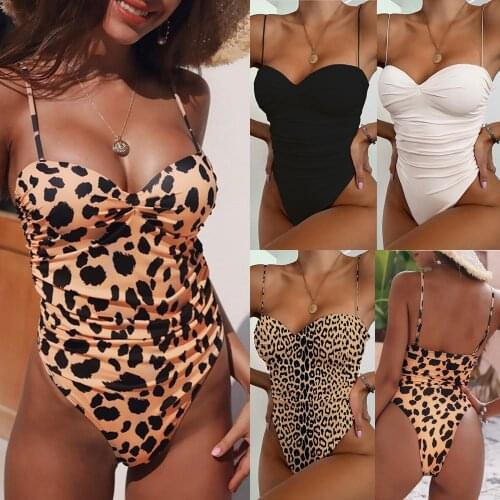 Women Sexy Swimwear High Leg Cut Swimming Suit Leopard Print Solid Swimsuit Padded Push-Up Bikini One-Piece Suit Bathing Suit