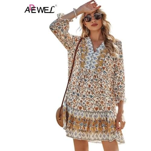 ADEWEL Boho Style Floral Print Pleated Dress Half Sleeve Women Elegant Dress V Neck Loose Ladies Beachwear Sundress Ropa Mujer