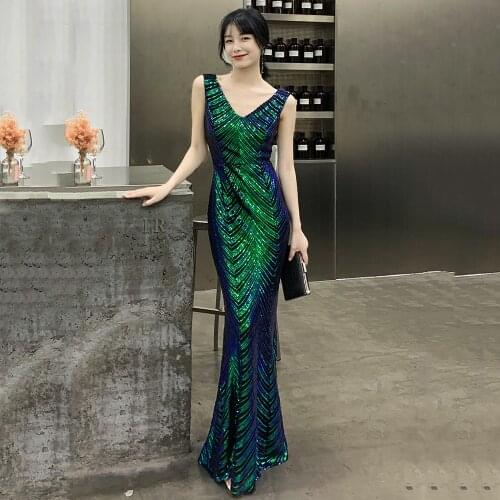 Wei yin AE0240 Green Evening Dresses V-Neck Mermaid Sequined Formal Dresses Women Elegant Party Gowns 2019 Robe De Soiree