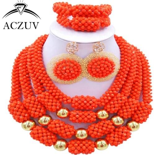 ACZUV Latest Orange Red Crystal African Jewelry Set Nigerian Wedding Beads D4R030