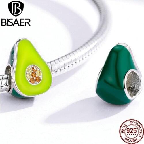 Avocado Beads BISAER Hot Sale 925 Sterling Silver Green Enamel Avocado Fruit Beads Charms fit Women Bracelets DIY Jewelry EFC129