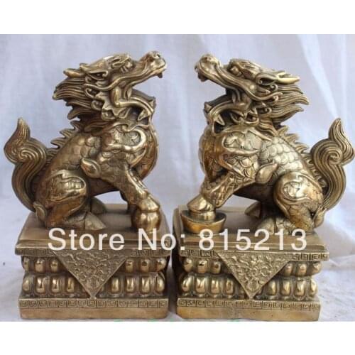 Bi00669 8" Chinese Bronze Wealth Fengshui Beast Pixiu Kylin Chi-lin Unicorn Pair Statue
