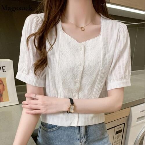 Summer New Solid Lace Splicing Blouse Women Office Lady Slim Shirts Square Collar Short Sleeve White Tops 2021 Blusas Mujer 9777