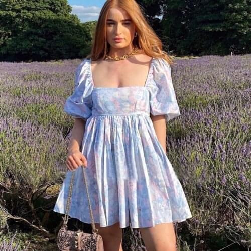 BOHO INSPIRED Fairy Dress Puff Floral Blue dress women sexy dress vintage mini summer dress 2021 elegant playful dress ladies