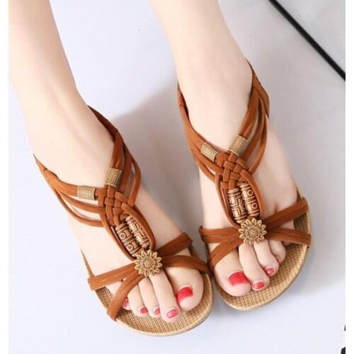 Sandal New Summer Bohemian Flat Bottom Fish Mouth Womens Sandals Fashion Beaded T-strap Sandals Plus Size Women Shoes 2021