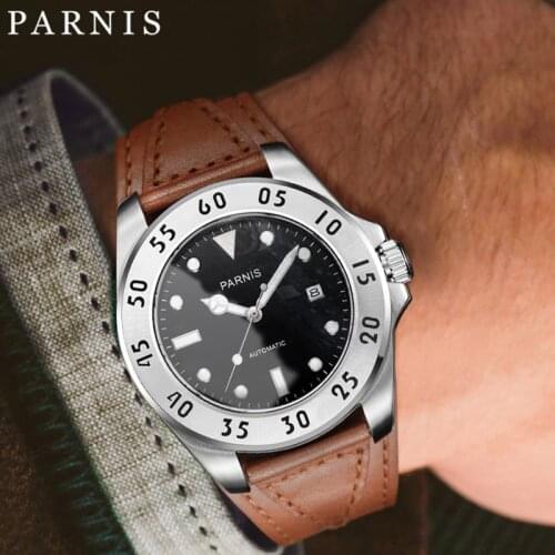 Parnis 43mm Watch Men Casual Leather Automatic Mechanical Watches Sapphire-Crystal-Watch PA6028 Men Present