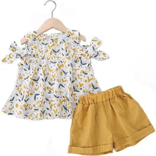 2019 Summer Kids Clothes Children Clothing Sets 2pcs Fashion Sleeveless Cotton Floral Bow Tops+Shorts Korean Kids Sets 2-7Yrs