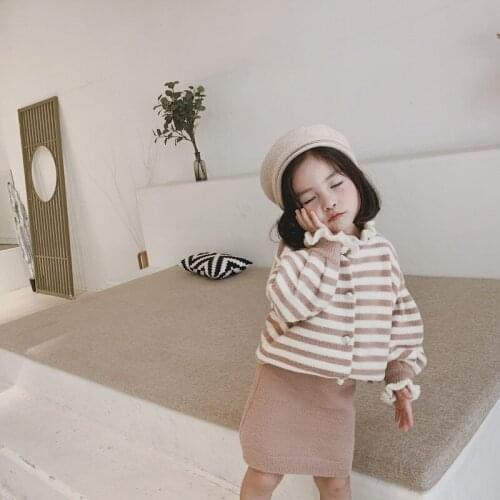 DFXD Spring Childrens Striped Wood Ear Collar Cardigan Sweater Skirt Two Piece Woollen Princess Clothing Set Toddler Clothes