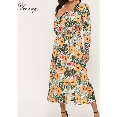 YMING Boho Elegant Women Dress Long Sleeve Autumn Dresses Evening Party Long Dress Floral Printed Female Vestidos Beach Dresses