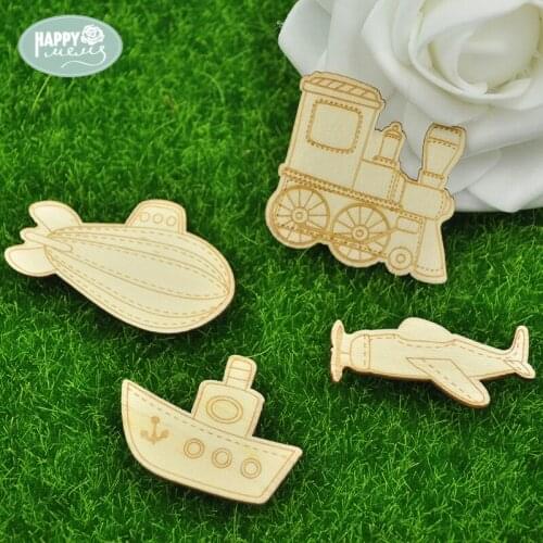 Happymems Wood Shapes 24pcs 4styles Mixed Transportation Plane Boat Train Wall Stickers Wooden DIY Crafts Home Decoration Gifts