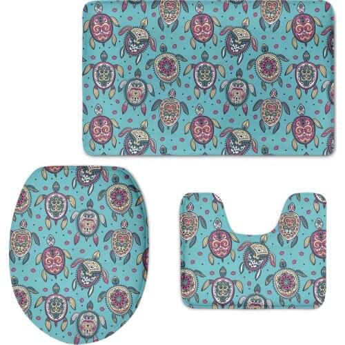 Tribe Hibiscus Sea Turtle Print Toilet Seat Covers Warmer Bath Accessories Round Mats Soft Washroom 3Pcs Set Washable Floor Rugs