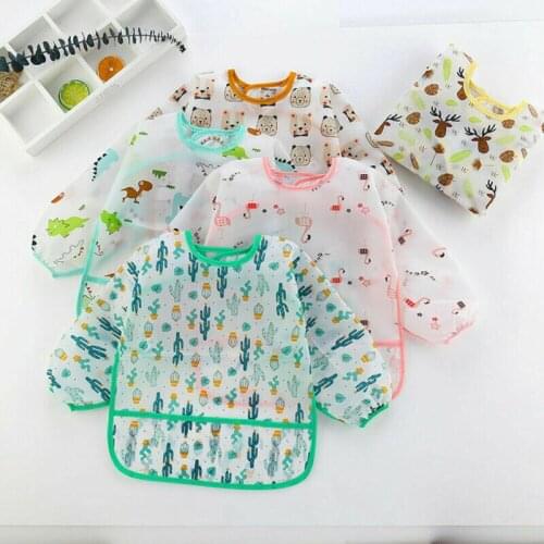 Cute Baby Toddler Kids Waterproof Long Sleeve Bib Apron Cartoon Feeding Burp Cloths