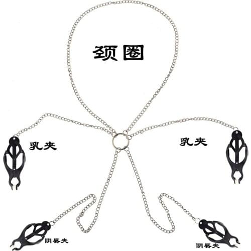 Sexy Nipple Clip Set Collar Bib Labia Clip Correction Silver Butterfly