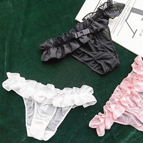 2021 New Lolita Style Low Waist Sexy Chiffon Female Pantie Comfortable Breathable Ruffle Bow Solid Color Womens Underwear A96