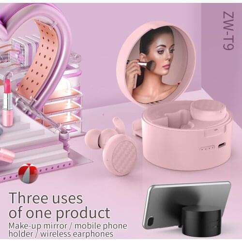The new bluetooth 5.0TWS creative girl makeup mirror running stereo wireless TWS can be used as a mirror mobile phone holder