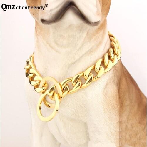 Hot 13mm 12-34 inch Gold Tone Curb Cuban Dog chain Collar Lead Durable NK Link Choker Stainless Steel Pet Chain Necklace Collar