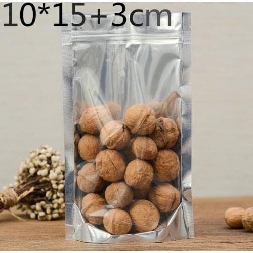 100pcs 10x15+3cm Stand-up Clear Plastic Aluminum Foil Package Packing Mylar Bag Self Sealing ZIpper Zip Lock Packaging Bag