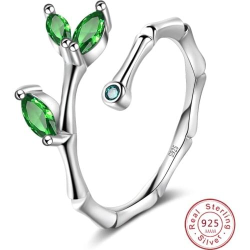 Luxury Bamboo Leaf Adjustable Finger Ring with Green Cz Stone Original Design Silver Color Jewelry Suit for Gril Gifts