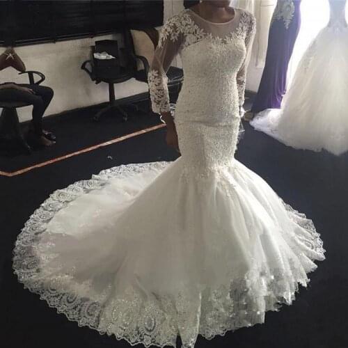 Long Sleeves Wedding Dresses Mermaid Lace Appliques Beaded O-Neck Lace Up Plus Size Bridal Gowns Bride Dress Vestido De Noiva