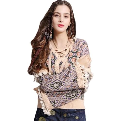 Flare Long Sleeve Sweater Pullover Women Boho Sweaters Autumn Winter Warm Aweater Chic Tassel Gypsy Ethnic V-Neck Knit Sweaters