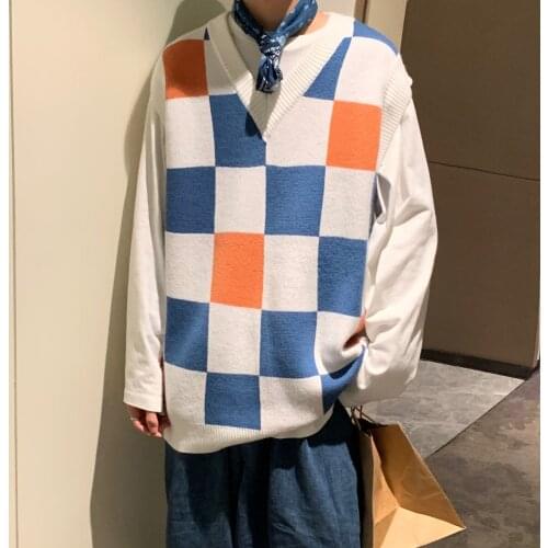 Sweater Sleeveless Vest Loose Retro Checkerboard Printed Jacket Oversize Trendy Casual Knitted V-neck Pullover Top Mens Clothes