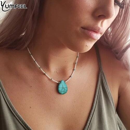 Yumfeel New Bohemian Jewelry Necklace Handmade Glass Seed Beads Blue Stone Drop Heart Necklaces Women