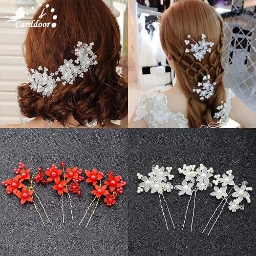 Carddoor 3 piece/set Bridal Hair Jewelry Headpiece Wedding Hair Accessorie Handmade Hair pins Stick Red White Flower Pearl Women