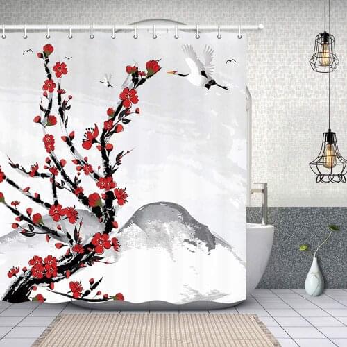 Japanese Red Cherry Blossom Flower in Mountain with White Crane Shower Curtain