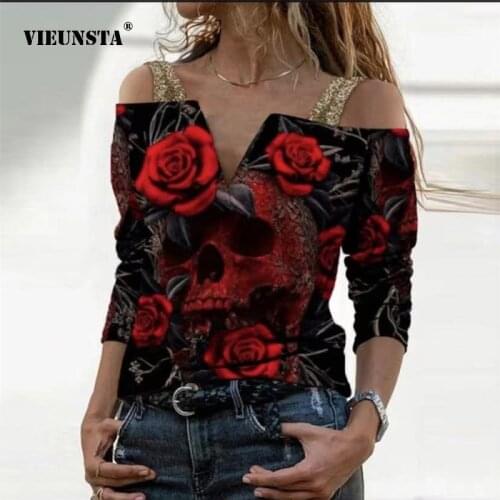 2021 Vintage Rose Print Women Sling T-Shirts Sexy Strap V Neck Long Sleeve Tops Clothing Fashion Off Shoulder Slim Tee Shirt 3XL