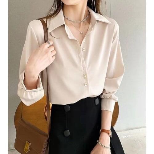 Autumn Tops For Women 2021 White Button Up Shirt Long Sleeve Top Black Chiffon Blouse Polo-Neck Pink Shirt Casual Oversized 3XL