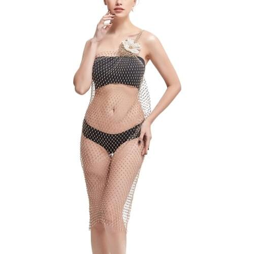 Womens Banquet Rhinestone Body Chain Party Long Skirt Sexy Banquet Elasticity Grid Halter Sleeveless Bling Body Jewelry